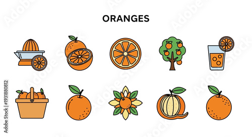 Collection of ten orangethemed icons displayed in two rows under the title ORANGES