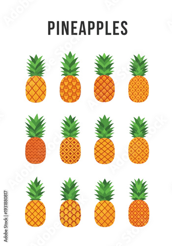 Twelve stylized illustrations of pineapples arranged in three rows of four