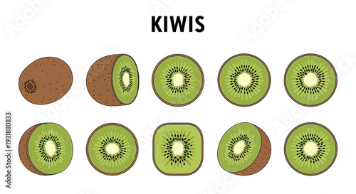 Illustration featuring whole and sliced kiwis in various orientations on a white background