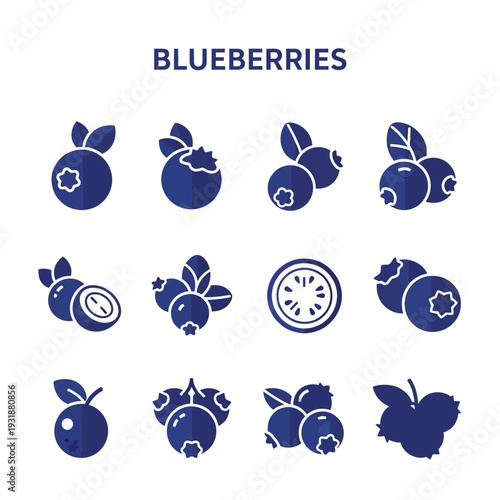 Twelve dark blue silhouette icons representing blueberries in various forms