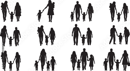 Family silhouettes in various poses and configurations, walking and holding hands, against a clear background, depicted from a straightforward viewpoint.