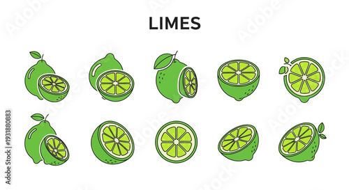 Graphic illustrations of whole and sliced limes displayed in two rows