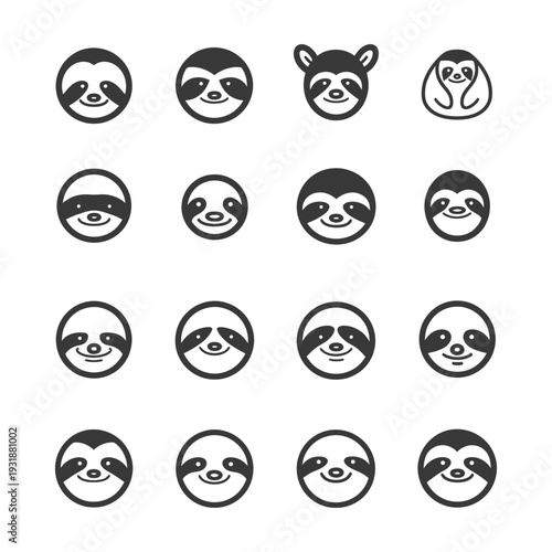 A Set of Sixteen Black and White Sloth Icons
