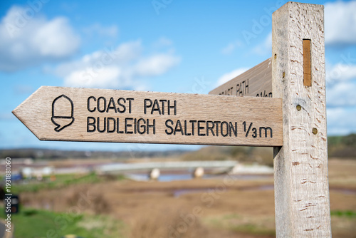 Budleigh Salterton in East Devon. A sign post points to Budleigh Salterton and the coastal walk. Nature reserve. East Devon. 