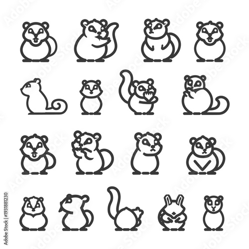 A Set of Sixteen Outline Illustrations Depicting Various Poses of a Squirrel