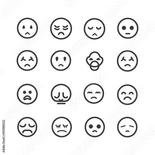 A Set of Sixteen Simple Black and White Sad Emojis