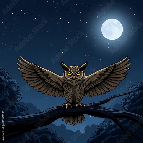 Majestic owl with wings spread wide perches on a dark branch beneath the full moon