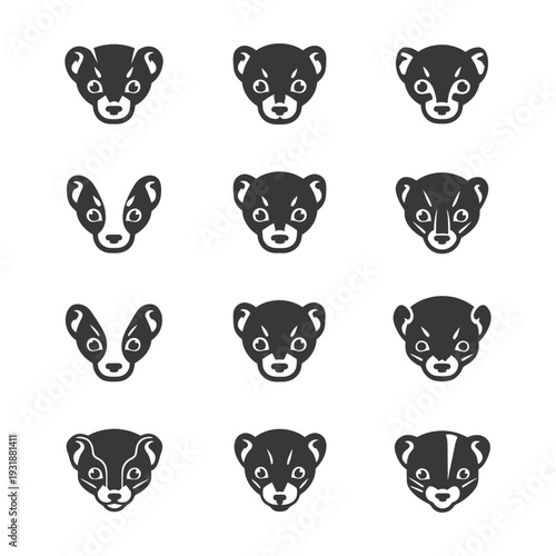 A set of twelve black and white illustrations of a weasel's head, featuring different head angles and facial expressions.