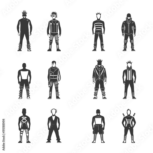 A set of twelve black and white illustrations of male punk fashion figures.