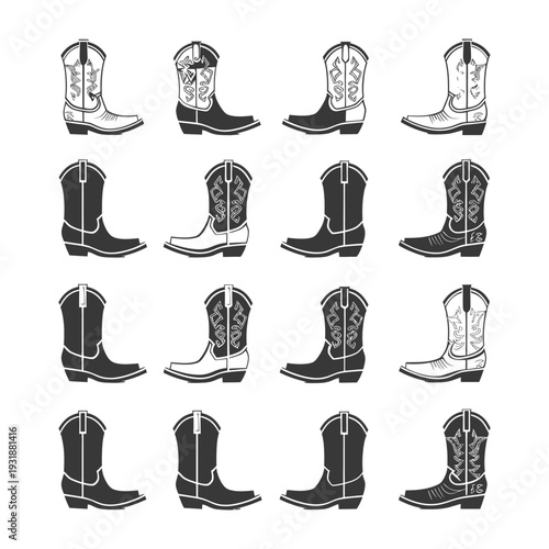 A Set of Twelve Black and White Cowboy Boots