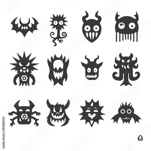 A Set of Twelve Black and White Monster Silhouettes