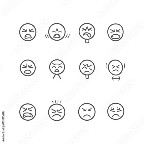 A Set of Twelve Hand-Drawn Angry Emojis with Different Expressions