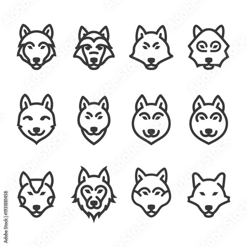 A Set of Twelve Line Drawings of Wolf Heads