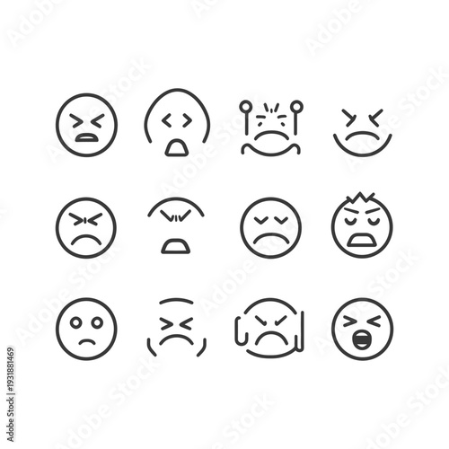 A Set of Twelve Line-Drawn Emojis Depicting Anger and Frustration