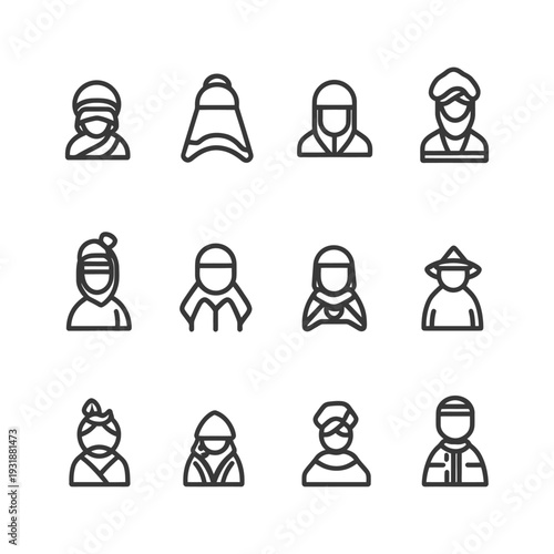 A Set of Twelve Line Icons Depicting Individuals Wearing Various Headwear
