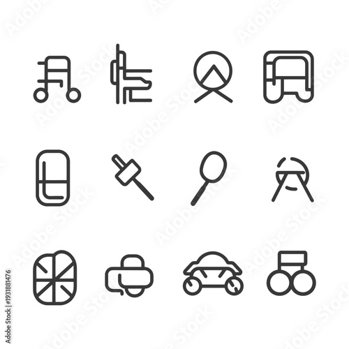A set of twelve line icons depicting various transportation methods