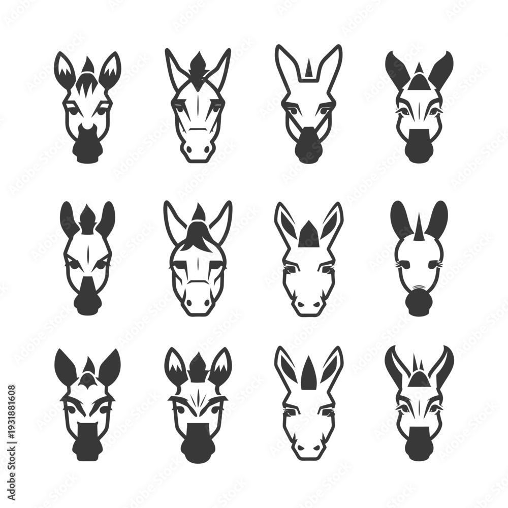 Naklejka premium A Set of Twelve Zebra and Donkey Heads in Black and White