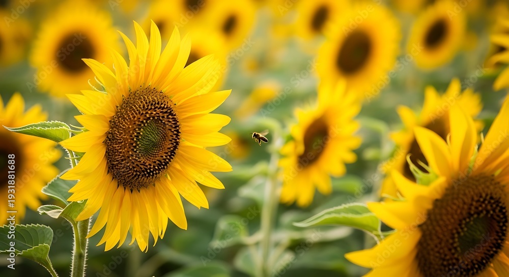 Fototapeta premium A close-up of sunflowers in a field with a bee in flight, warm sunlight