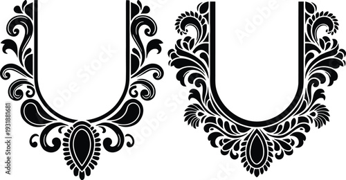 Beautiful traditional ethnic neckline embroidery border design set with floral and paisley motifs for garment.