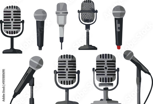 Vintage and modern microphone collection vector illustration set isolated on light background for music, podcast and broadcasting design