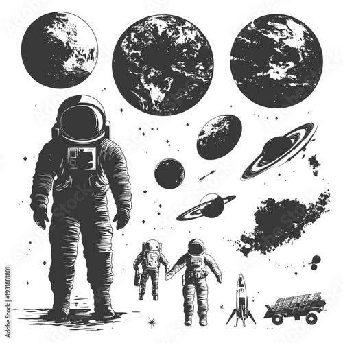 Astronauts in Space with Planets and a Rocket