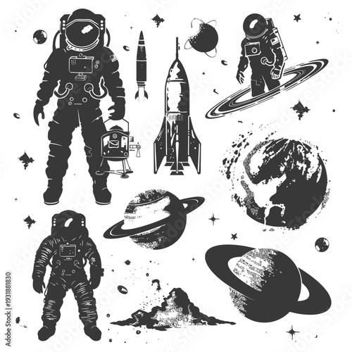 Astronauts, Planets, Rockets, and Stars in a Stylized Space Illustration