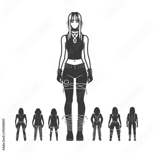 A Tall Woman in Gothic Attire Surrounded by Shorter Women in Similar Outfits