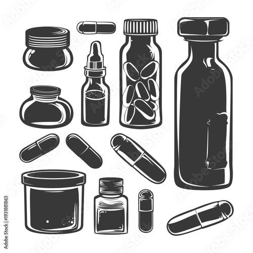 A Vintage Collection of Medicine Bottles, Jars, and Capsules