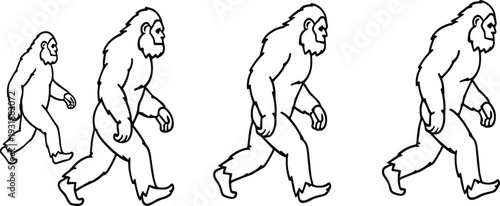 Bigfoot Silhouette Walking Sequence Vector Illustration Set in Different Sizes Isolated on White Background