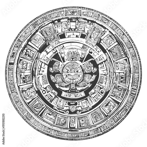 Aztec Calendar Stone Illustration with Intricate Detail