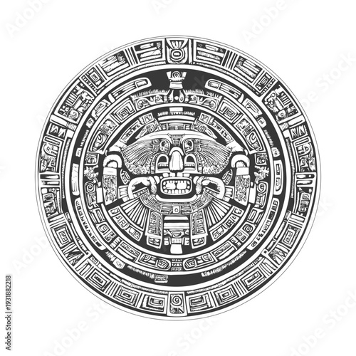 Aztec Calendar Stone with a Fanged Deities Face in the Center