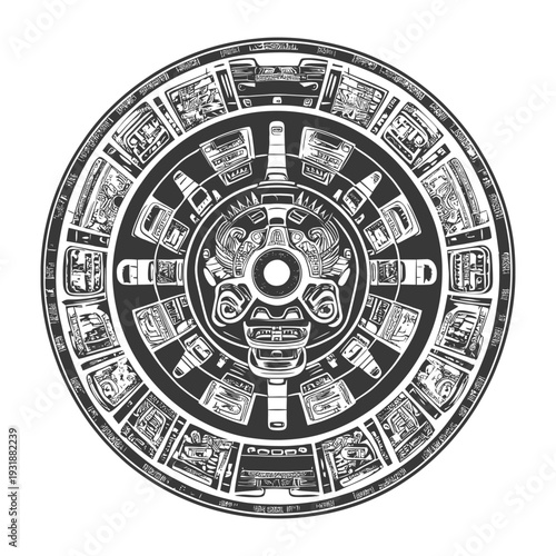 Aztec Calendar Stone with Central Deity and Glyphs