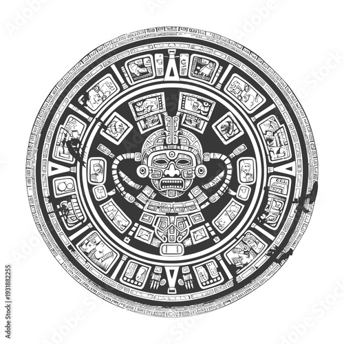 Aztec Calendar Stone with Central Deity and Ornamental Glyphs