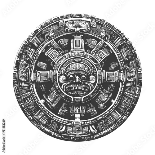 Aztec Calendar Stone with Central Deity and Glyphs