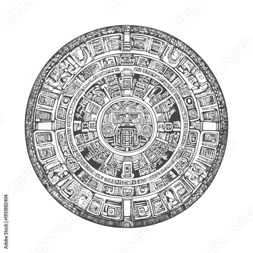 Aztec Calendar Stone with Central Deity and Circular Glyphs