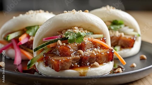 Three steamed bao buns filled with braised pork belly, vegetables, and peanuts, on a dark plate