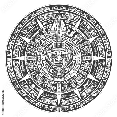 Aztec Calendar Stone with Central Face and Intricate Designs
