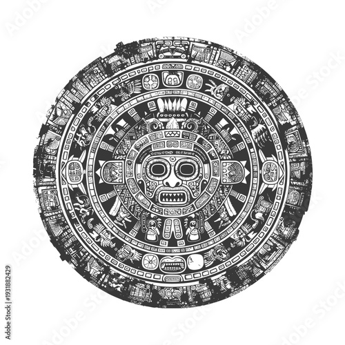 Aztec Calendar Stone with Central Face and Surrounding Glyphs