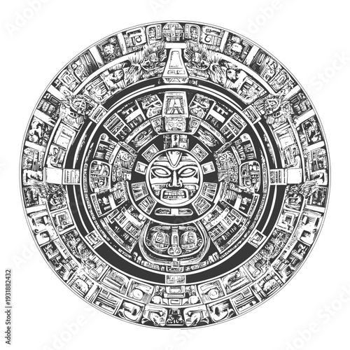 Aztec Calendar Stone with Central Face and Glyphs