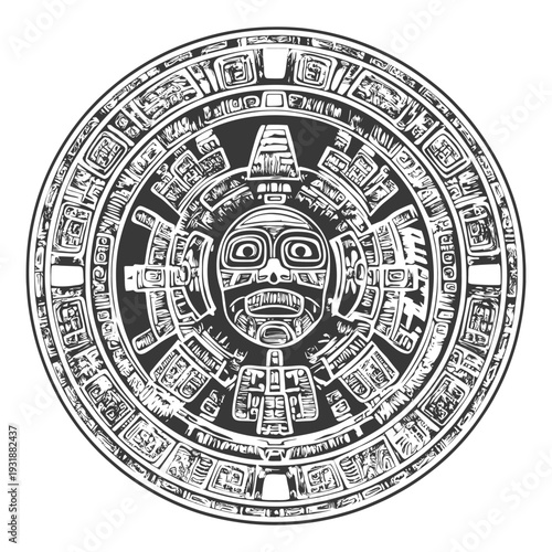 Aztec Calendar Stone with Central Face and Symbolic Glyphs