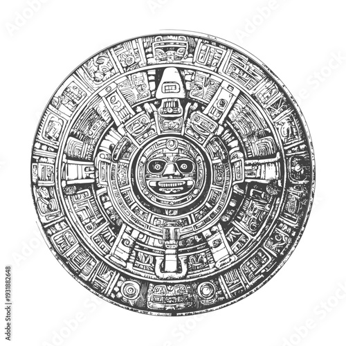 Aztec Calendar Stone with Detailed Relief Carving
