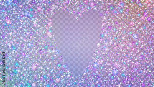 Glitter Sequins In Heart Shape. Purple Shiny Sparkles For Carnaval And Party. Iridescent Valentine And Wedding Background. Neon Brilliant Light.  Hologram Glitter Sequins For Love Concept