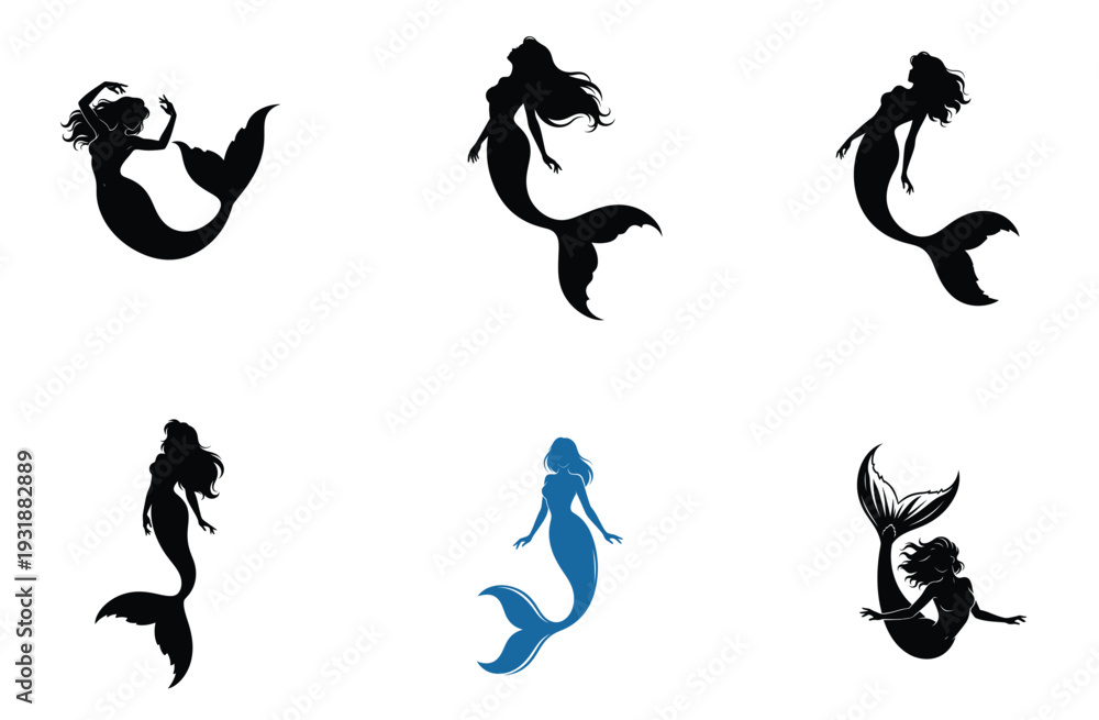 Fototapeta premium Mermaid Silhouette Vector Illustrations Set