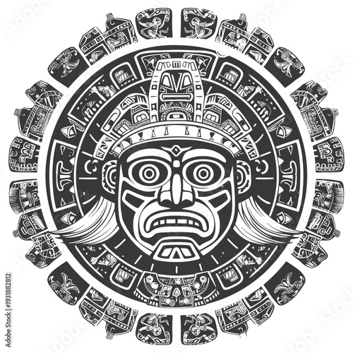 Aztec Calendar with Central Deity Face and Surrounding Glyphs