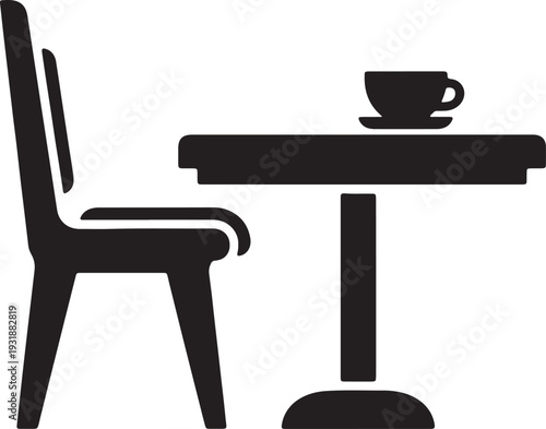 Cafe Table and Chair with Coffee Cup Black Silhouette Icon Isolated on White