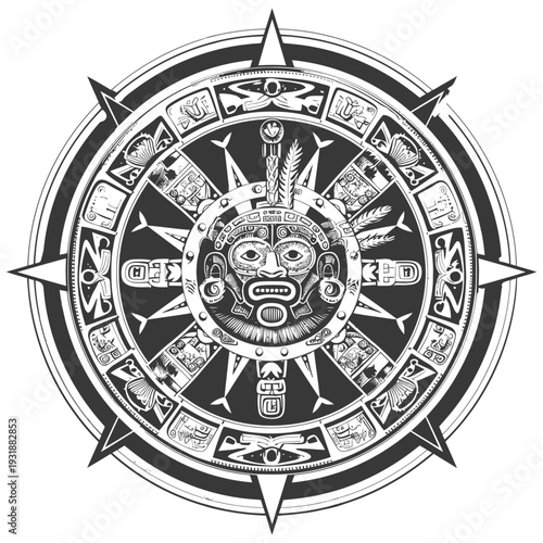 Aztec Calendar with Central Mask and Compass Points