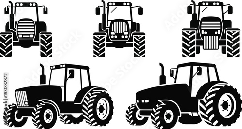 Agricultural machinery farming tractors in various views. 