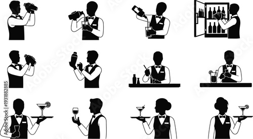 Bartender and waiter silhouettes mixing drinks with a shaker and pouring beverages. Staff preparing drinks, serving guests with trays, and organizing bar stock. 