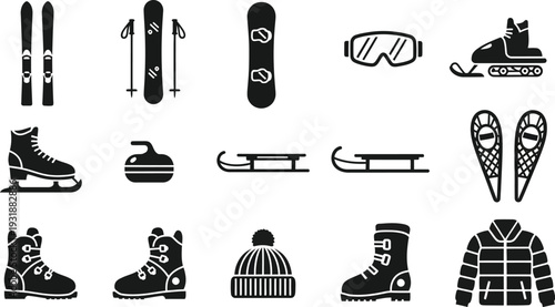 Winter sports and recreation icons skiing, snowboarding, and ice skating. skis, snowboards, sleds, goggles, and winter clothing. 