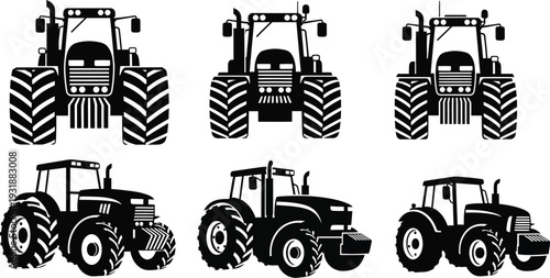 Agricultural machinery farming tractors in various views. 